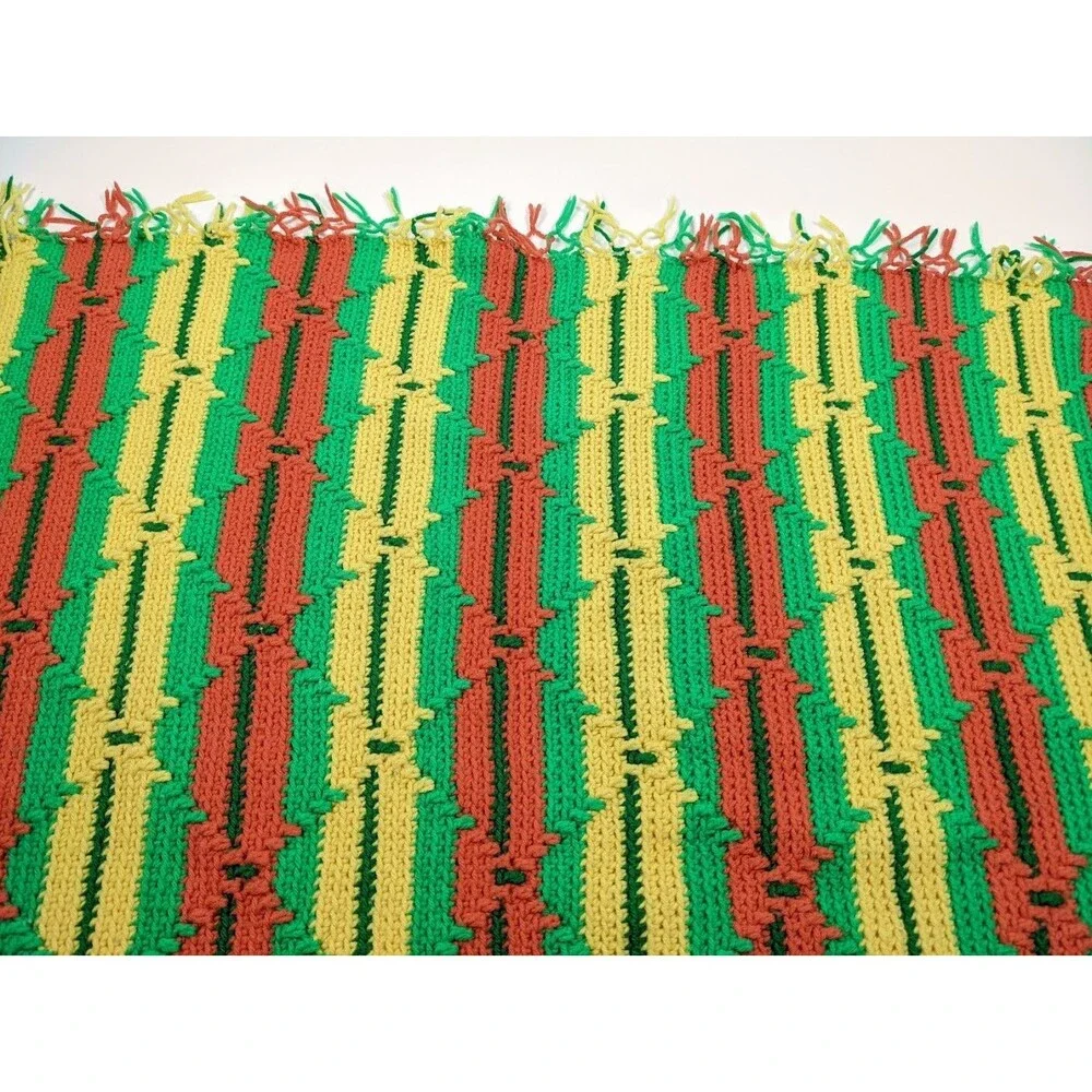 Handmade‎ Crochet Throw Blanket Afghan – Orange Yellow Green Striped w/ Fringe